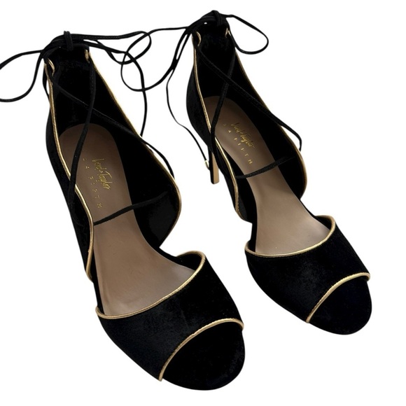 Lord & Taylor Lace Up Peep Toe Heels Sz 8 EU 38 Black Velvet Gold Stiletto - Picture 3 of 8